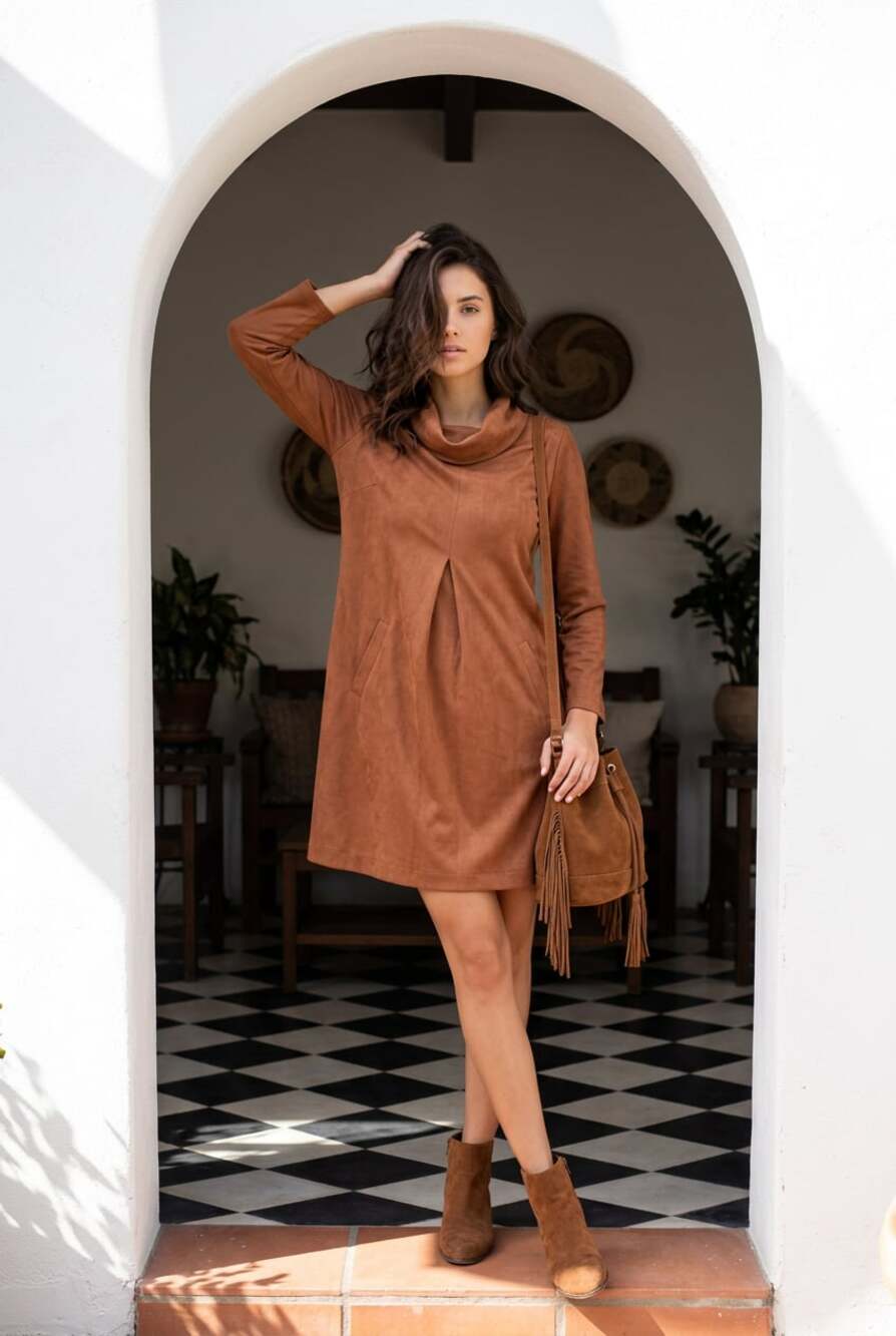 Tyler Boe Kim Faux Suede Cowl Neck Dress in Camel